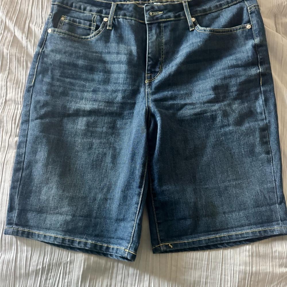 Seven7 Denim Bermuda Shorts in Blue with Gold Accents